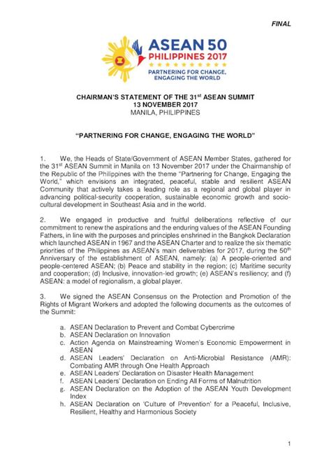 CHAIRMAN’S STATEMENT OF THE 31st ASEAN SUMMIT 13 .